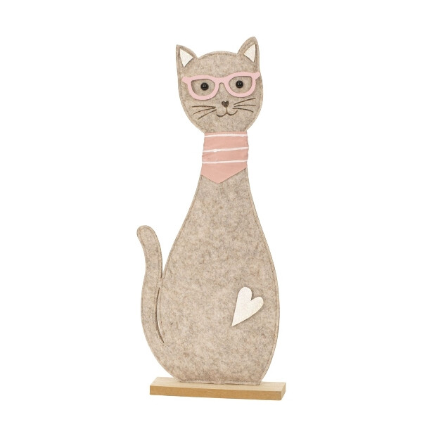 Filz Katze mit Brille & Schal auf Holzsockel Höhe 46cm